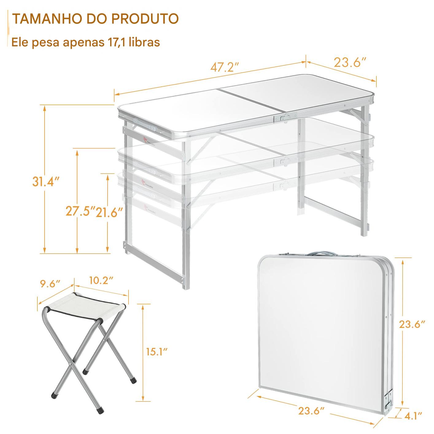 (30% DESCONTO) Mesa de campismo 120x60x70cm com 4 bancos dobráveis