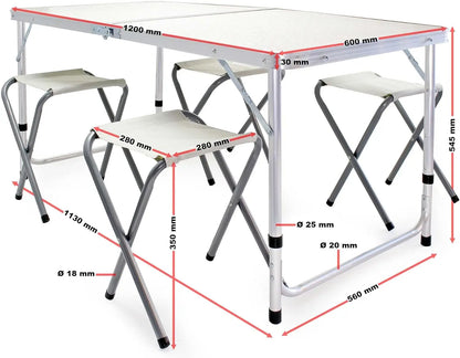 (30% DESCONTO) Mesa de campismo 120x60x70cm com 4 bancos dobráveis